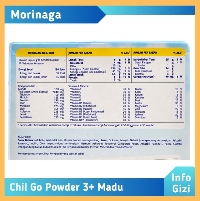 Morinaga Chil Go Powder 3+ Madu komposisi nilai gizi