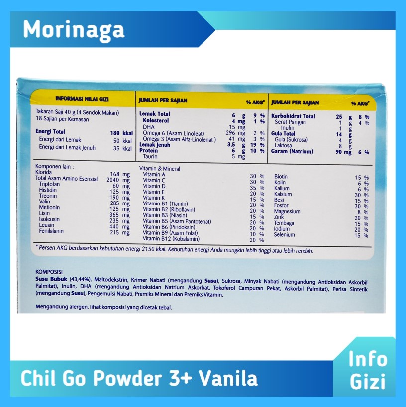 Morinaga Chil Go Powder 3+ Vanila komposisi nilai gizi
