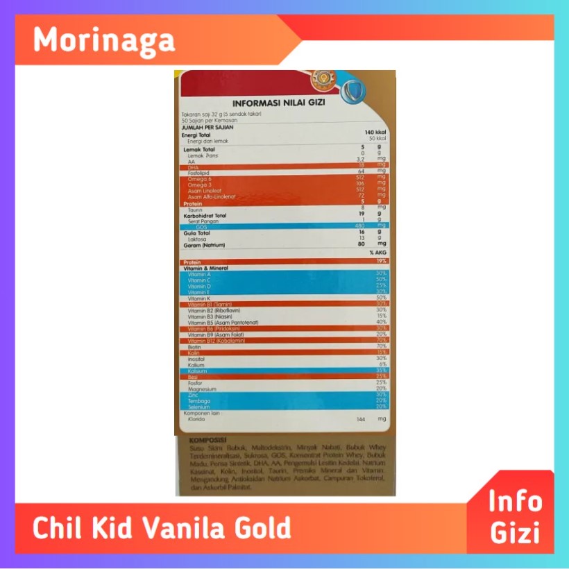 Morinaga Chil Kid Gold Vanila komposisi nilai gizi