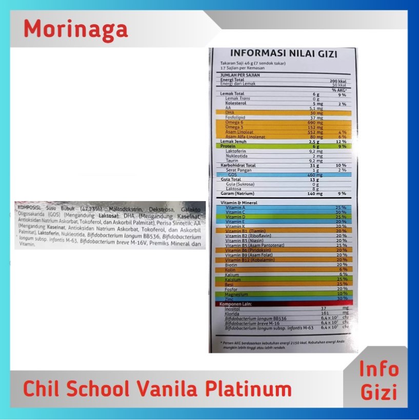 Morinaga Chil School Platinum Vanila komposisi nilai gizi