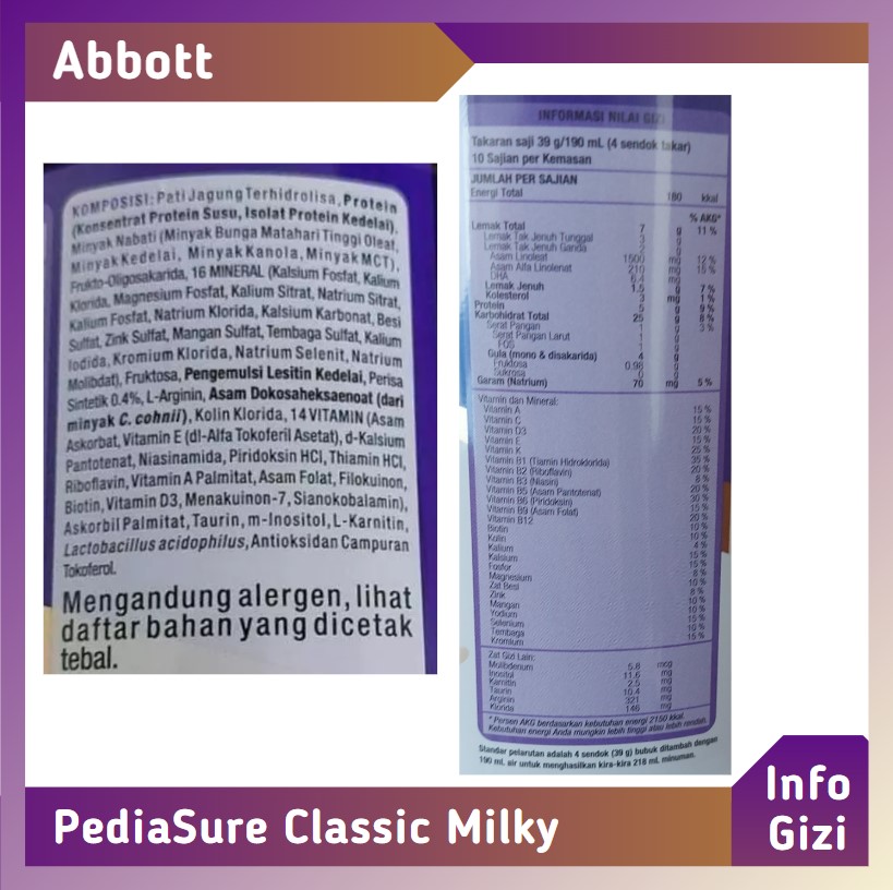 PediaSure Classic Milky komposisi nilai gizi