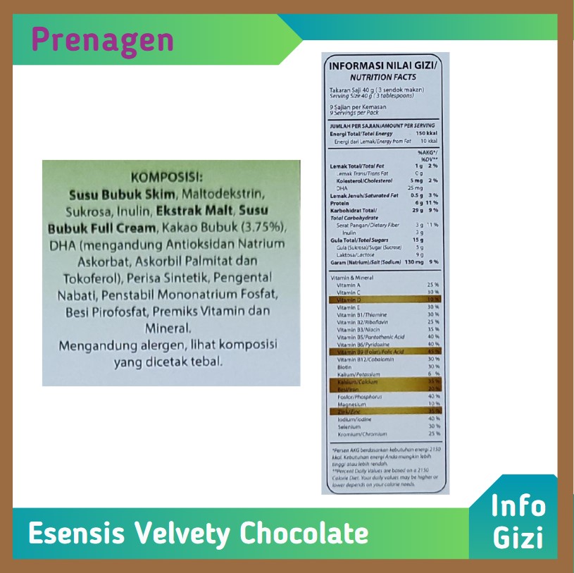 Prenagen Esensis Velvety Chocolate komposisi nilai gizi