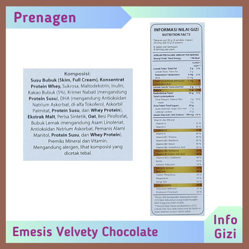 Prenagen Emesis Velvety Chocolate komposisi nilai gizi