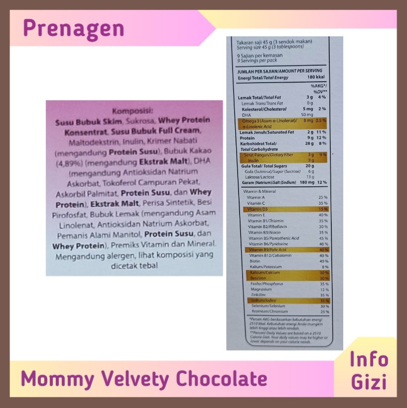 Prenagen Mommy Velvety Chocolate komposisi nilai gizi