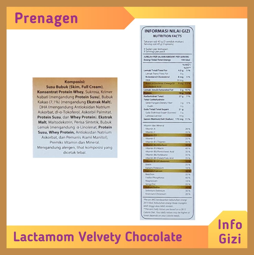 Prenagen Lactamom Velvety Chocolate komposisi nilai gizi