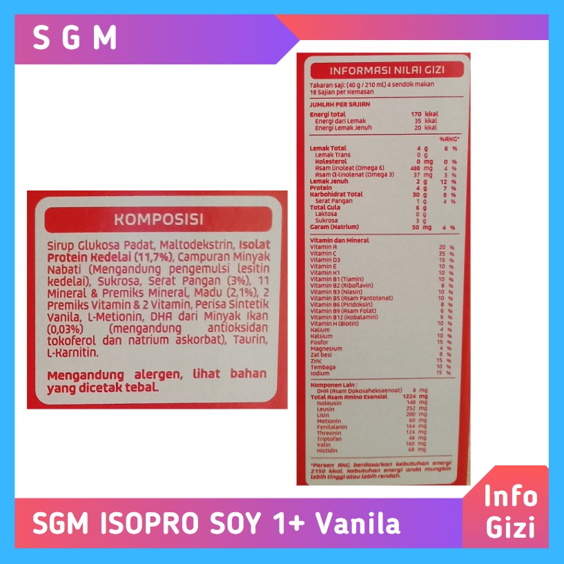 SGM Eksplor 1+ Isopro Soy Vanila komposisi nilai gizi