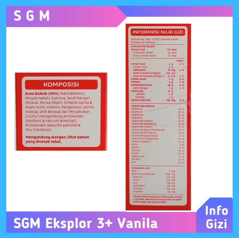 SGM Eksplor 3+ Vanila komposisi nilai gizi