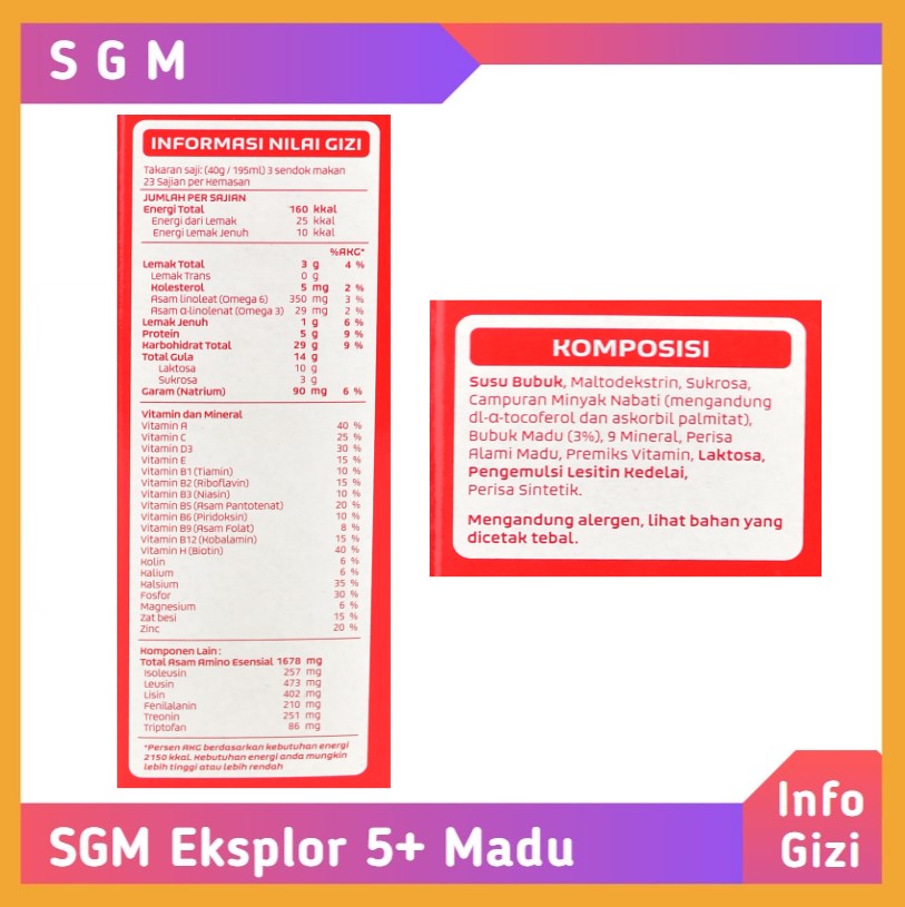 SGM Eksplor 5+ Madu komposisi nilai gizi