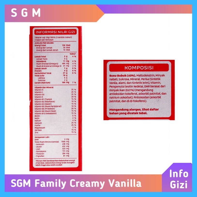 Family Yummi Nutri Creamy Vanilla komposisi nilai gizi