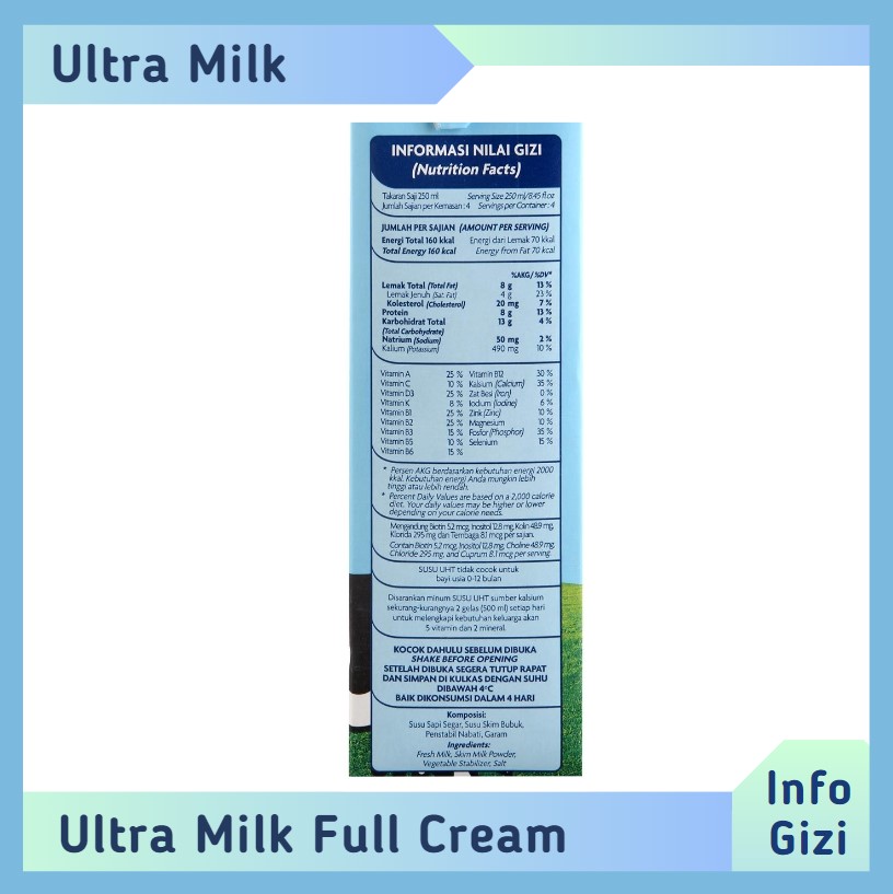 Ultra milk Full Cream komposisi nilai gizi