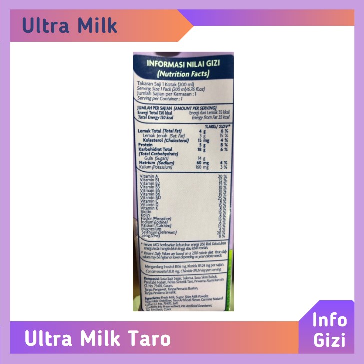 Ultra milk Taro komposisi nilai gizi