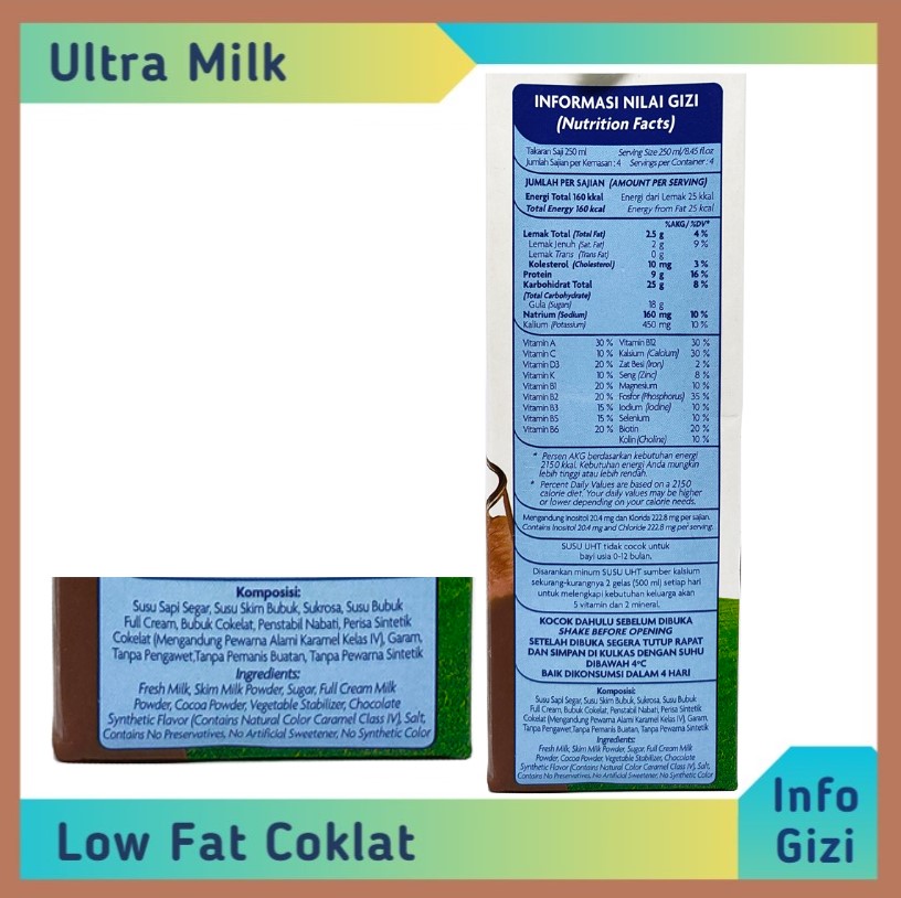 Ultra milk Low Fat Cokelat komposisi nilai gizi