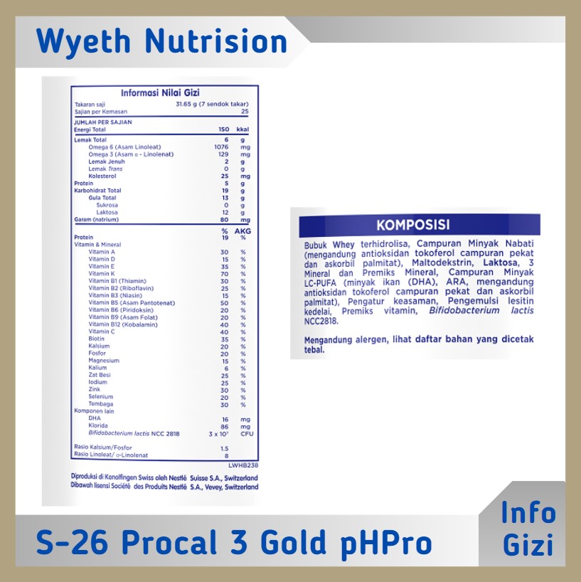 S-26 Procal 3 Gold pHpro komposisi nilai gizi